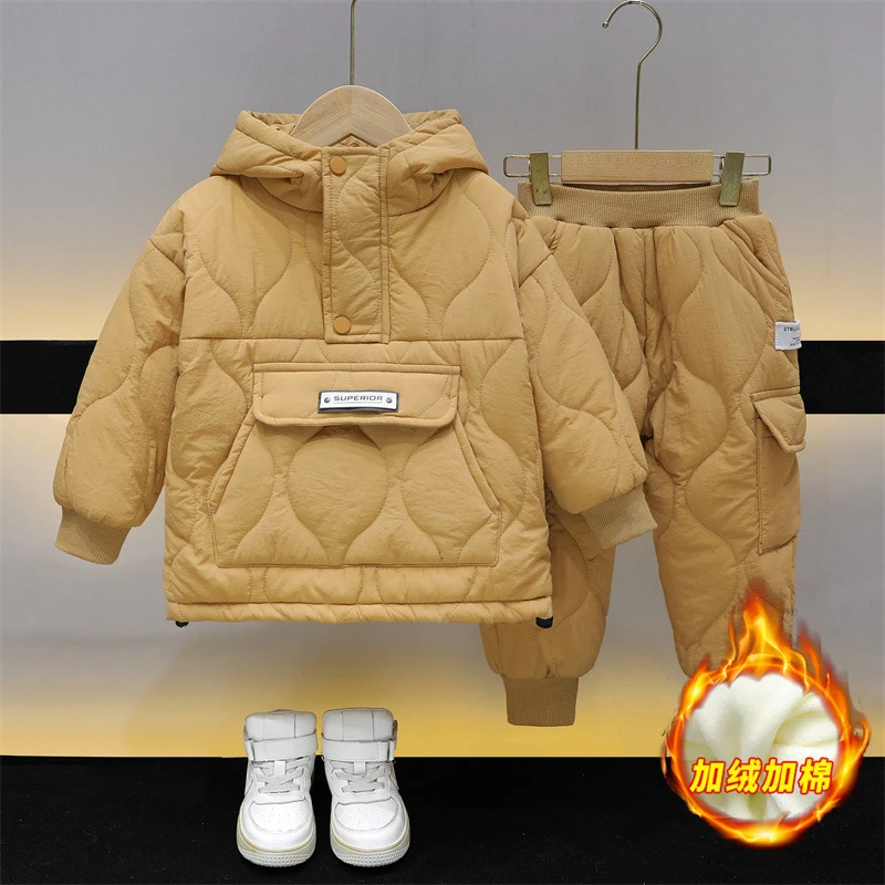 男童冬装加绒套装2025新款洋气男宝宝夹棉加厚儿童秋冬款休闲棉服