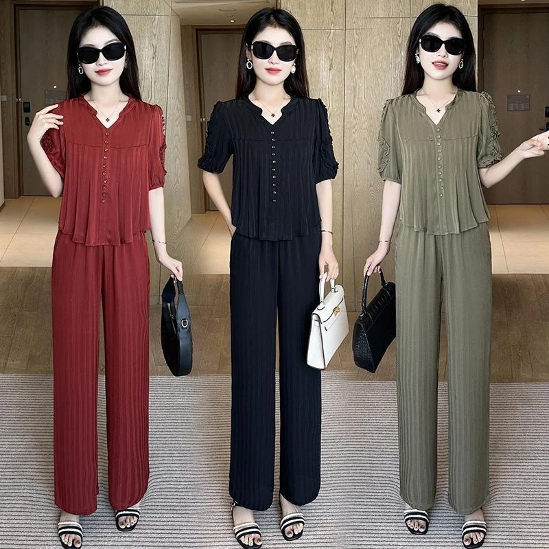 妈妈装时尚套装2025夏款新款洋气减龄遮肚子短袖上衣阔腿裤两件套