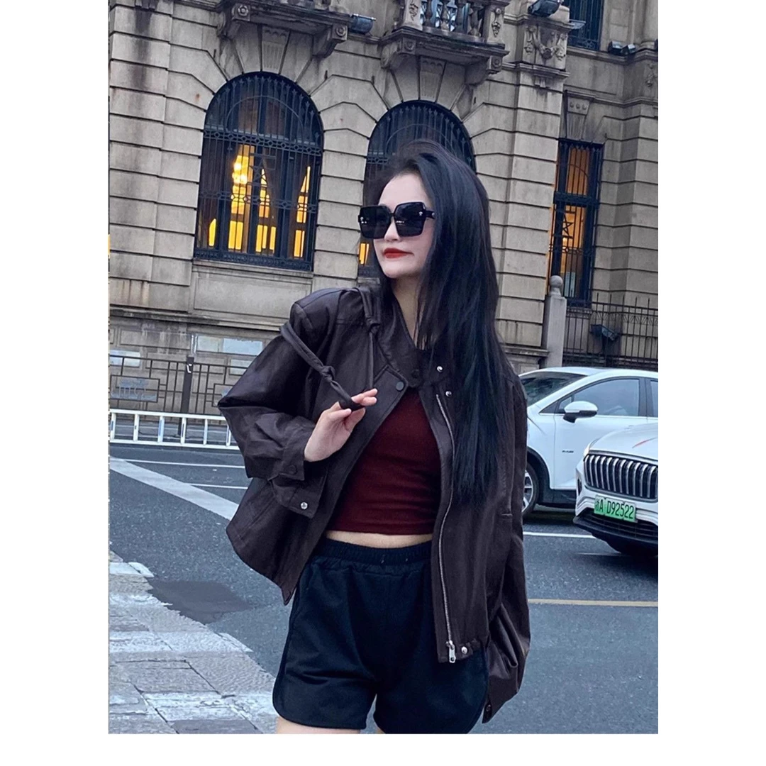 今年流行漂亮安哥拉红复古水洗pu皮衣女时尚小个子短外套送包包潮