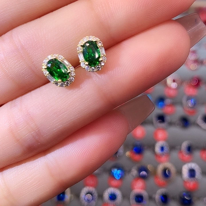 透辉石耳钉银S925镶嵌