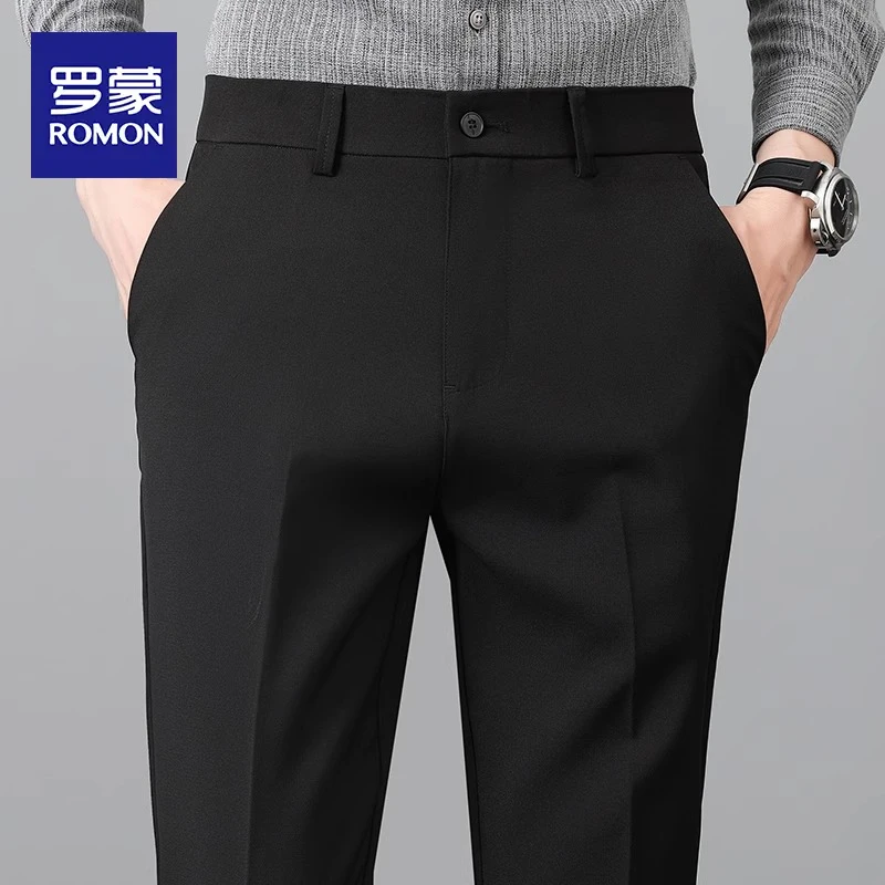 罗蒙休闲裤男春秋季潮牌宽松直筒长裤2025春款黑色商务修身西裤子