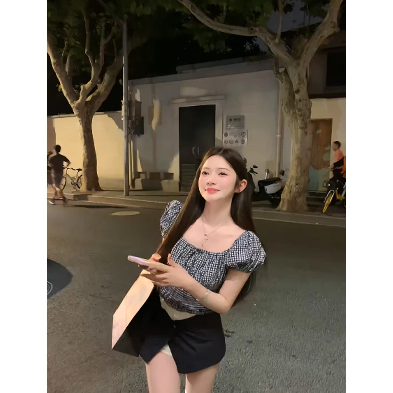 【心动假日】韩系甜美少女2025夏季一字领花苞上衣配假两件裙裤套装