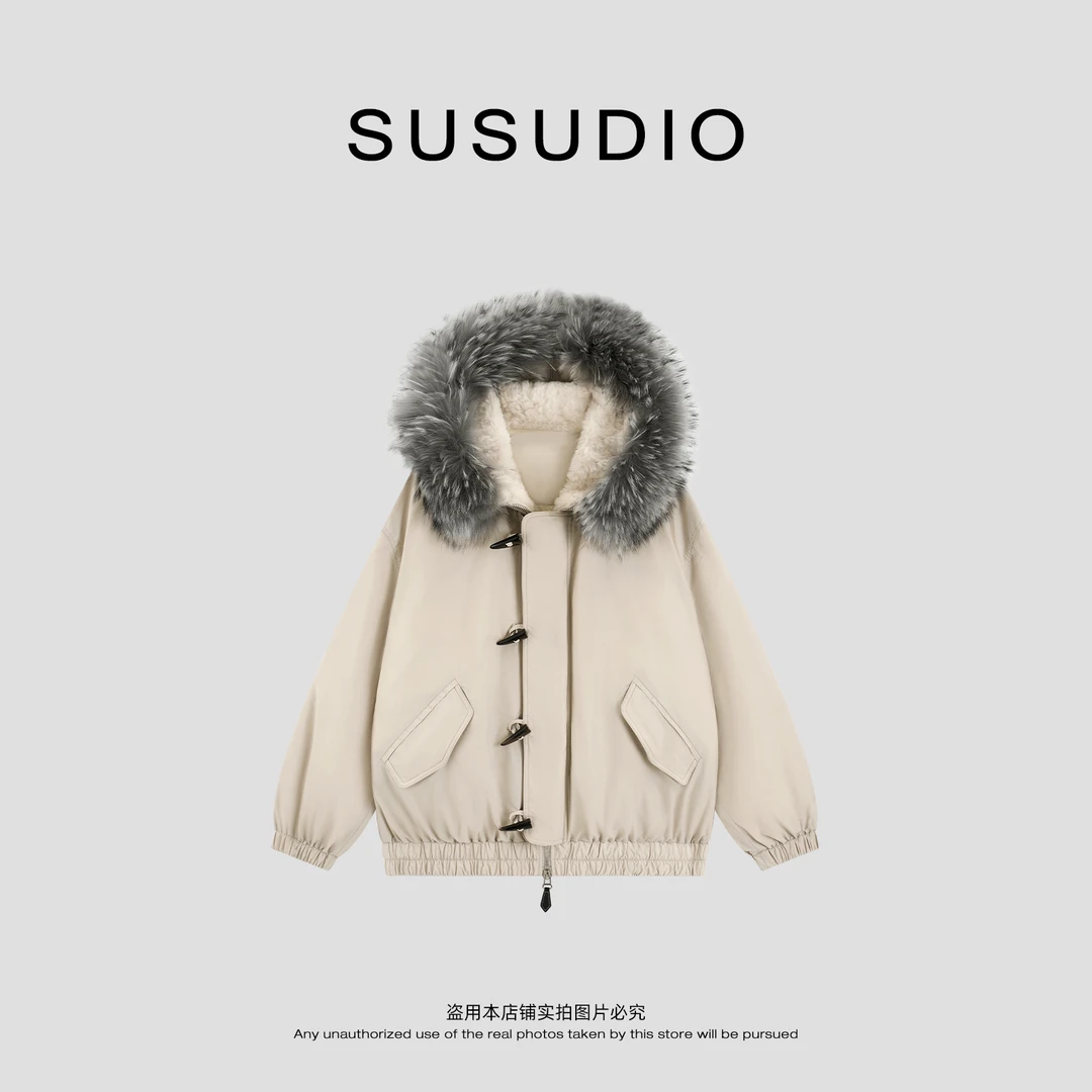 SUSUDIO 冬季貉子毛毛领蓬松丰盈绗缝白鸭绒三防派克羽绒服70373