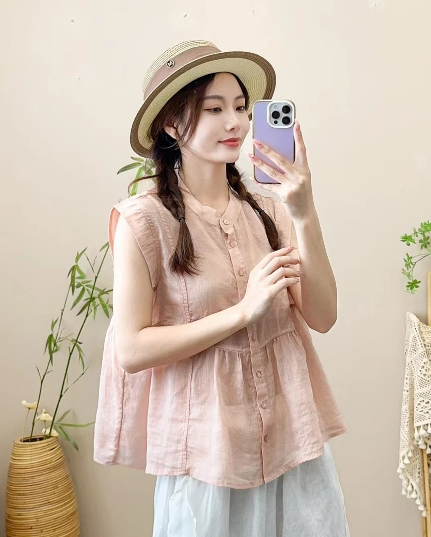 100%苎麻！简约百搭圆领无袖衬衫女轻薄透气减龄娃娃衫上衣夏季