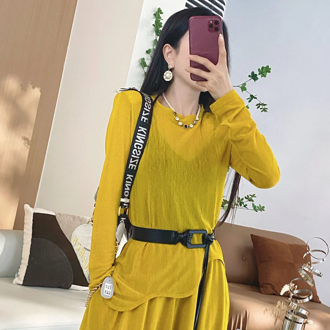 Y【橦颜】防晒弹力波浪边透纱上衣+松紧腰半身裙两件套（YDLS）6839