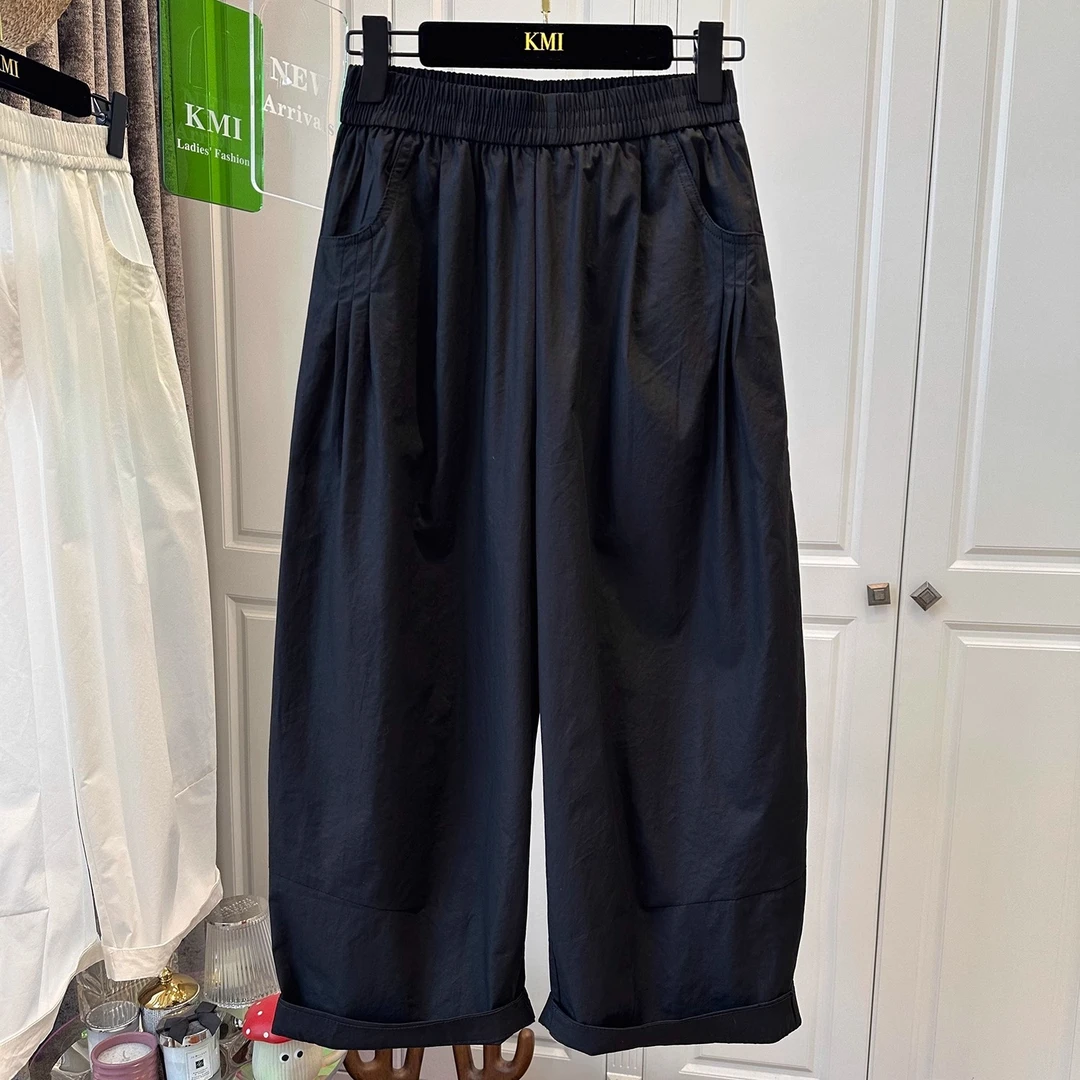 2025欧洲站褶皱纯色休闲裤女气球裤宽松小个子九分弯刀裤夏季薄款