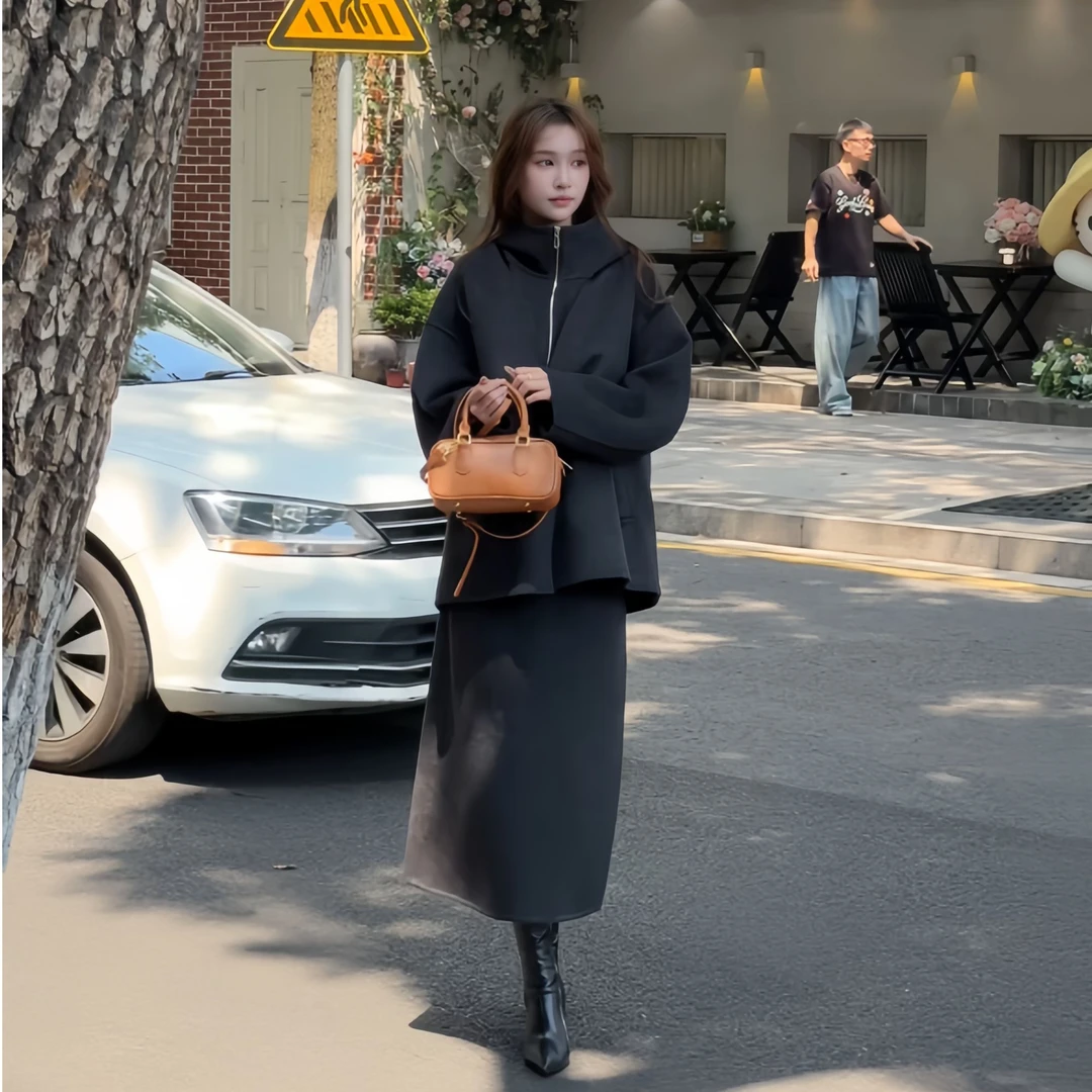 毛呢外套休闲毛呢厚款长袖大袖冬韩版套装