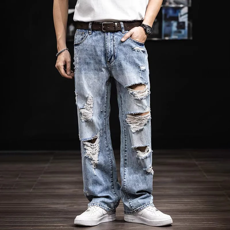 Cebrodz2025新款高街乞丐裤潮牌破洞牛仔裤男士宽松大码直筒长裤