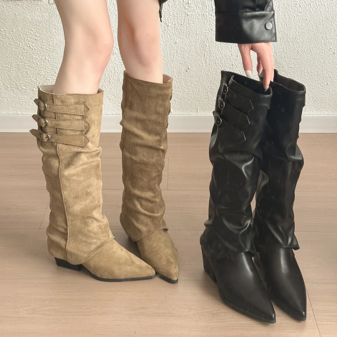 复古黑色粗跟西部牛仔骑士靴女2025新款秋季配裙子百搭尖头长筒靴