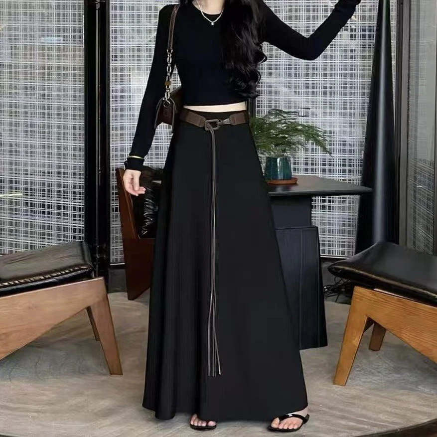 秋冬新款高品质呢子气质百搭高腰显瘦A字版长款半身裙配腰带