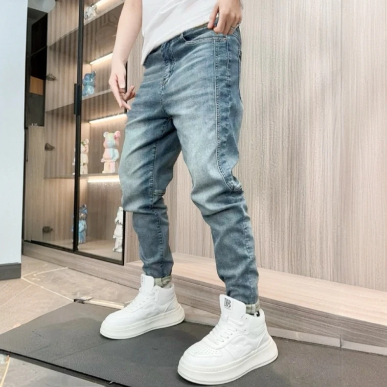 25夏季超薄时尚百搭2007冰川蓝修身显瘦拼接小脚男士弹力牛仔