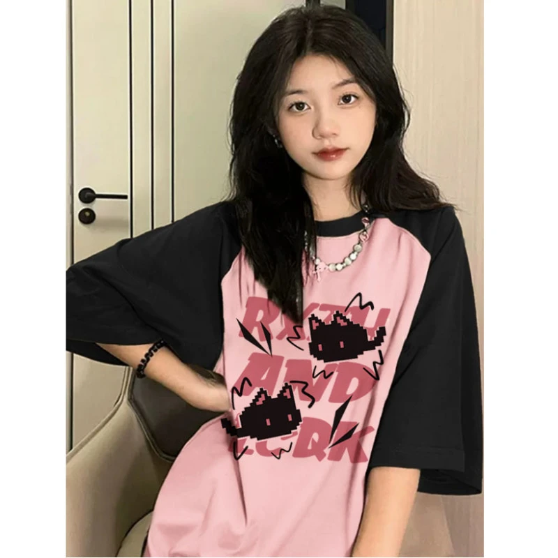 美式复古拼色短袖T恤女插肩袖纯棉oversize夏季大码胖MM撞色上衣