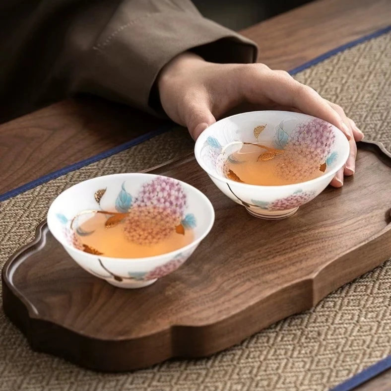 高档璞玉绣球花斗笠杯家用喝茶杯冰种羊脂玉瓷主人杯白瓷杯礼盒装