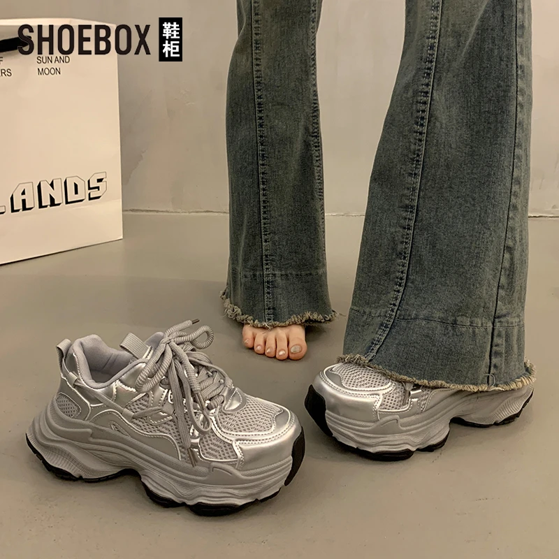 SHOEBOX鞋柜爆款松糕厚底老爹鞋女秋季2025新款银色休闲运动鞋