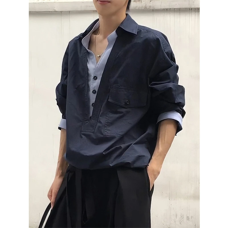 老钱风假两件V领衬衫男秋季休闲宽松衬衣cleanfit高级感美式外套