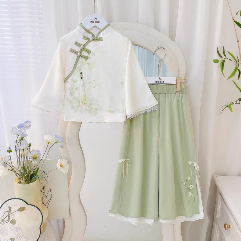 2025马面裙小女复古夏季女童汉服古风唐装两件套儿童女童夏装套装