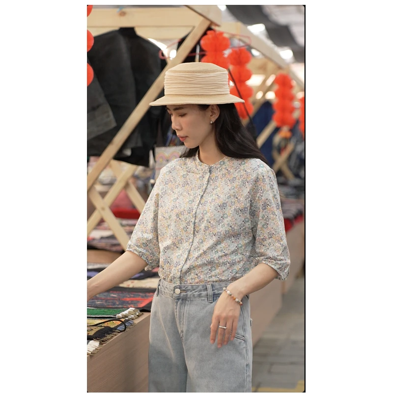 牧衣游原创 夏花印花纯棉新款轻薄文艺碎花衬衫 织秋 【不支持会员