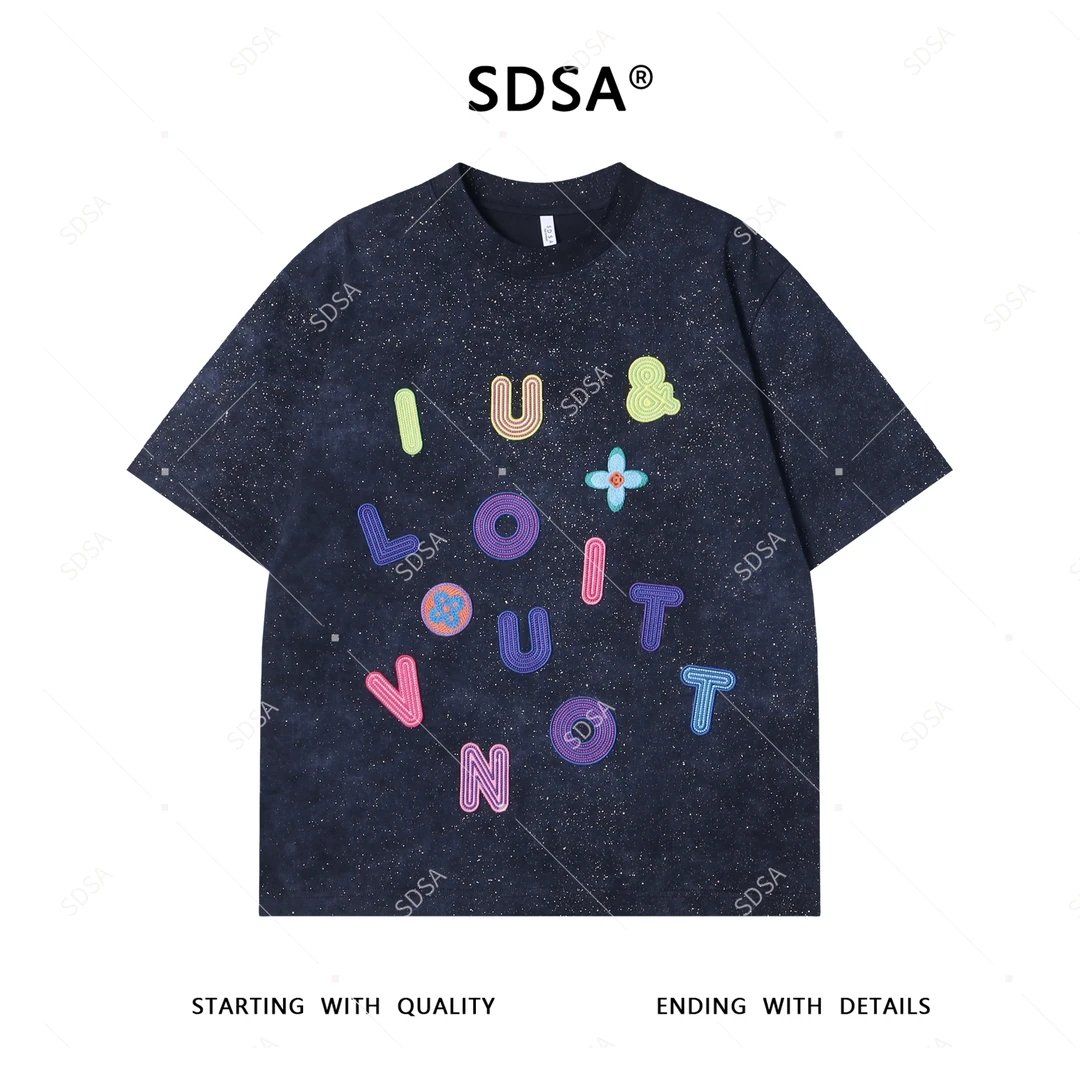 T3577夏季高级感男士满天星彩色刺绣字母装饰短袖T恤轻奢百搭上衣