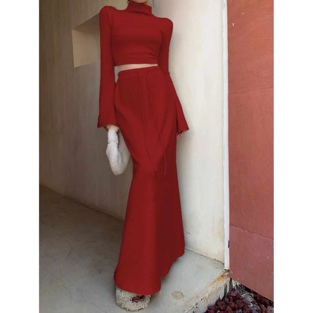 圣诞战袍复古红色套装裙辣妹风半高领上衣慵懒半身长裙两件套秋冬