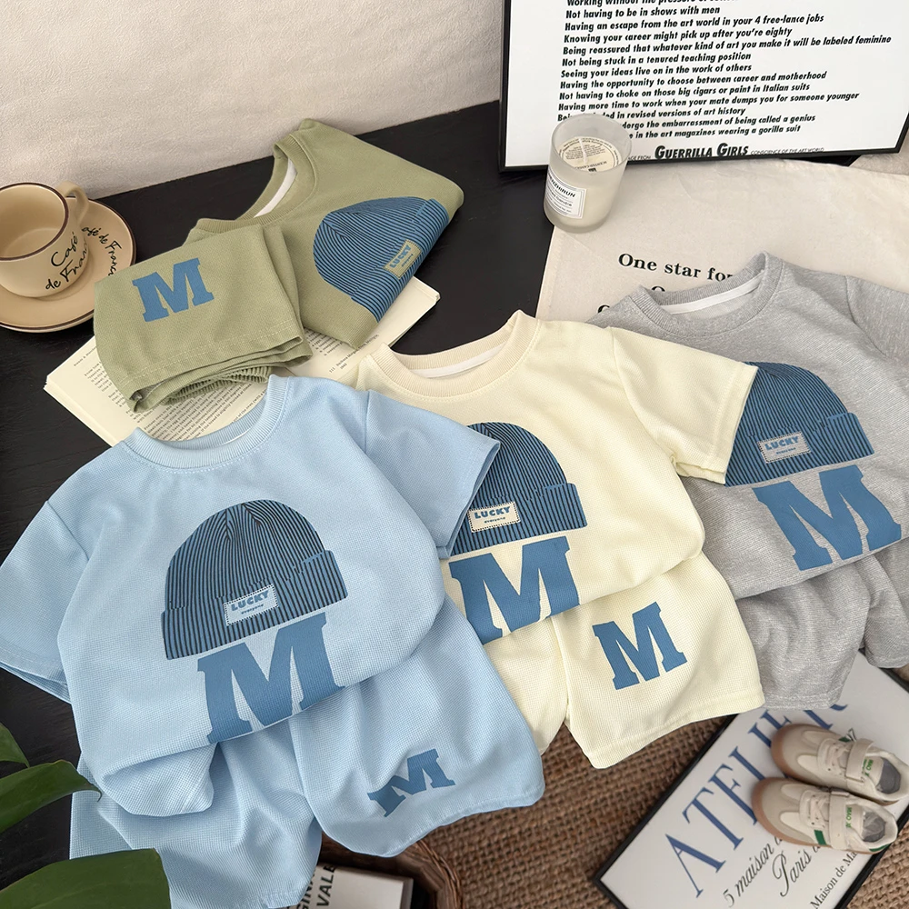 儿童短袖套装夏季男童华夫格短裤宝宝休闲韩版洋气纯色宽松童装