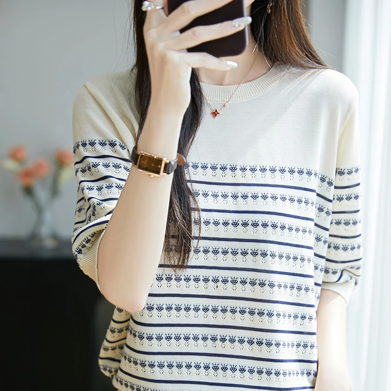 圆领针织衫半袖镂空短袖莱赛尔天丝提花上衣打底衫衫套头条纹