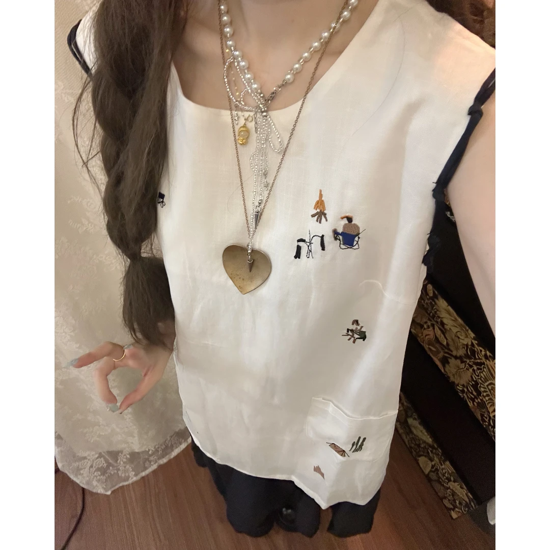 无袖夏季套头背心裙刺绣连衣裙设计苎麻小众