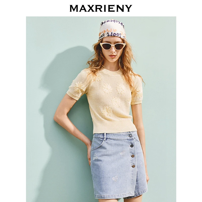 MAXRIENY精致日常圆领针织衫25夏修身显瘦肌理感上衣女高级气质
