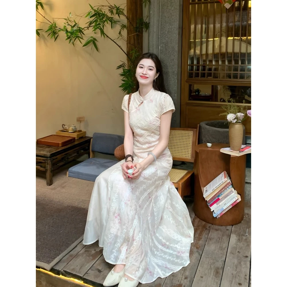 新中式碎花改良旗袍连衣裙女春夏绝美长裙