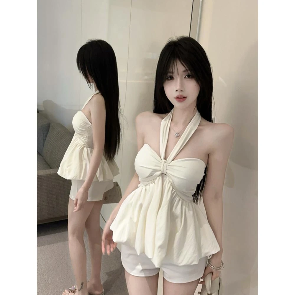 一字肩蝴蝶结吊带背心女夏纯欲辣妹挂脖抹胸小上衣独特绝美娃娃衫