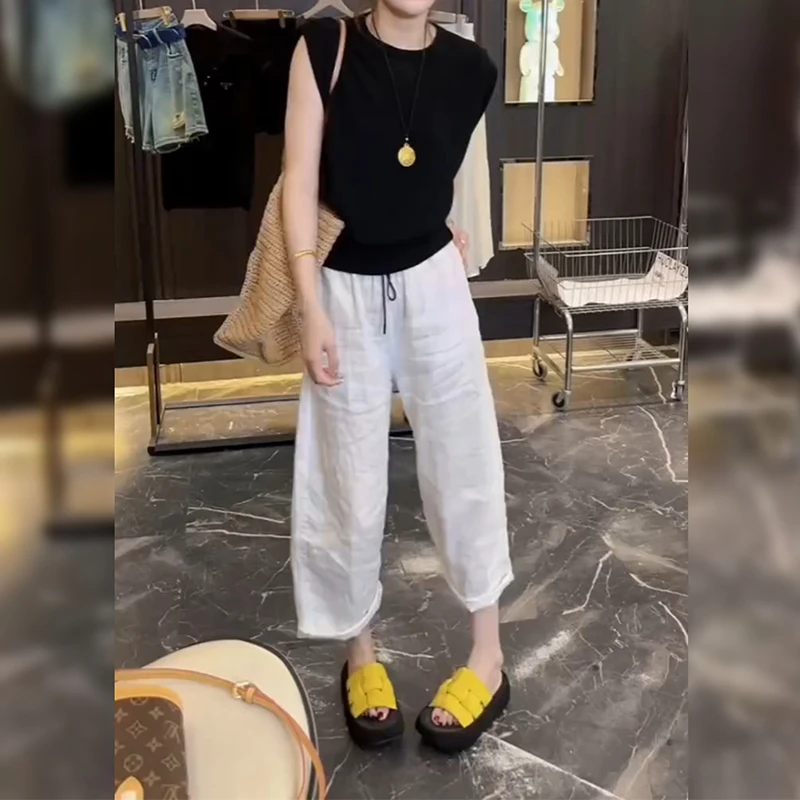 白色高级感棉麻垂感休闲八分裤女夏薄款大码小个子宽松阔腿直筒裤