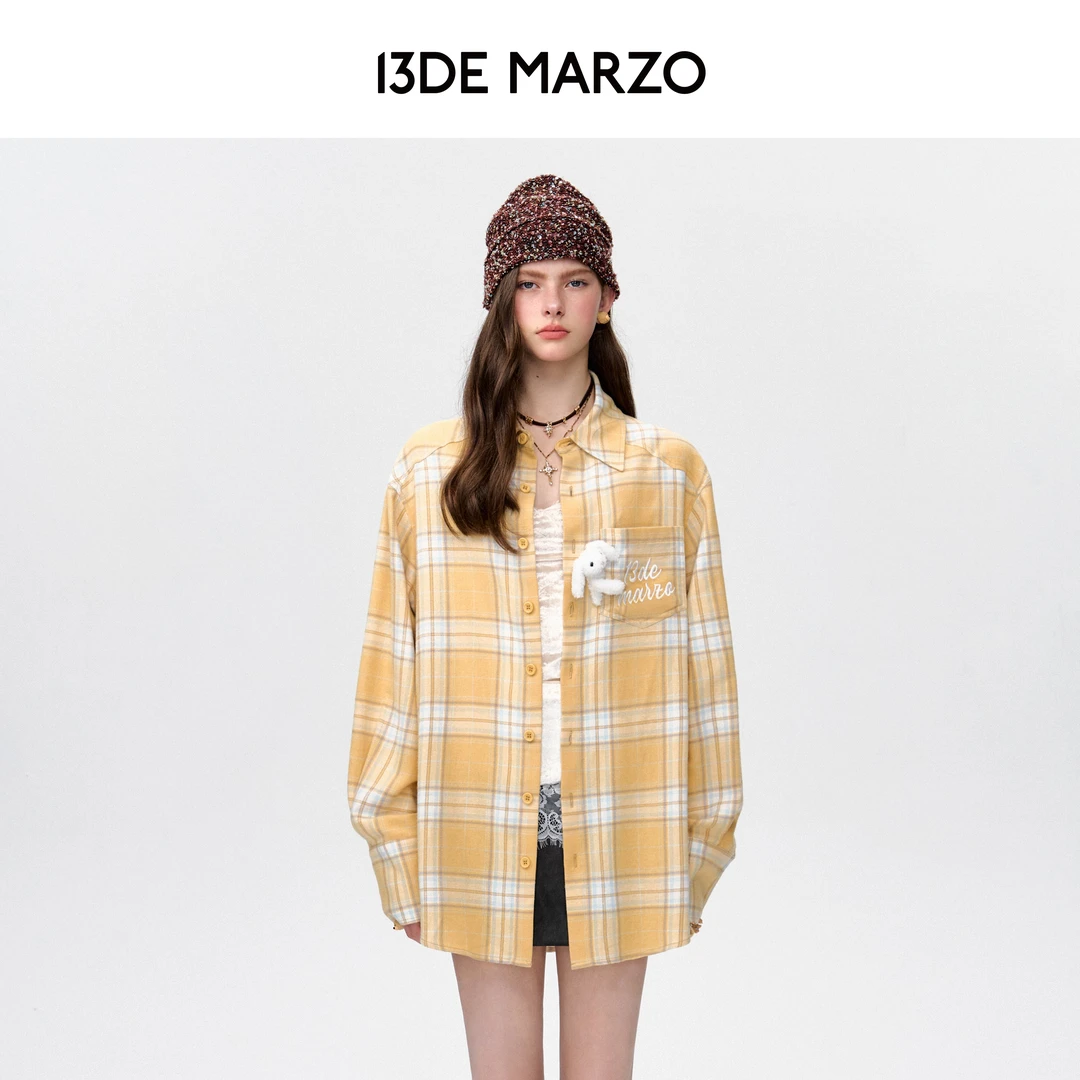 13DE MARZO男女同款 25早春新款口袋伴侣格子衬衫中长款长袖外套