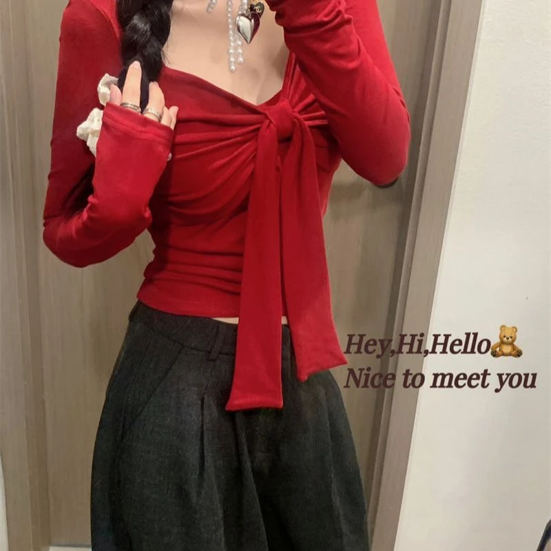 红色港风年味系带长袖新款纯欲风纯欲打底飘带修身辣妹外穿上衣
