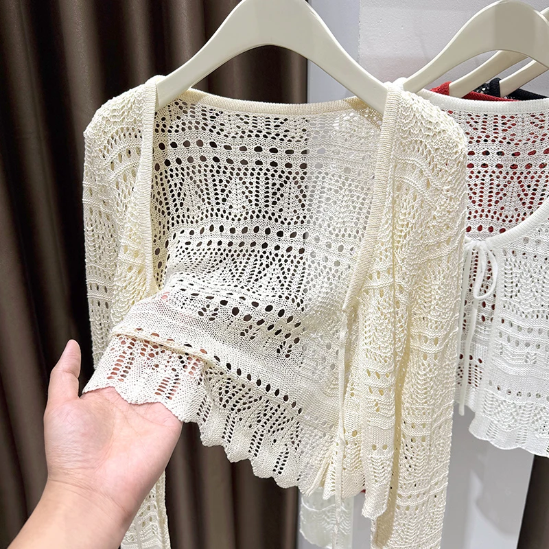 杏色镂空系带防晒针织开衫女春秋季薄款洋气配吊带裙外搭披肩外套