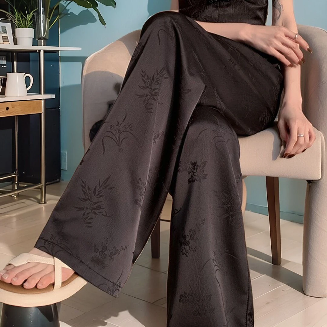 复古国风醋酸缎面提花中式阔腿裤女2025新款