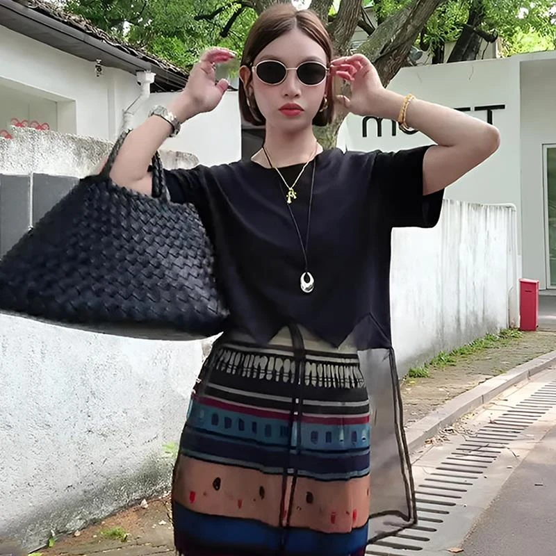 Xx.2025夏季新款圆领网纱拼接开叉轻奢减龄短袖T恤上衣圆领显瘦