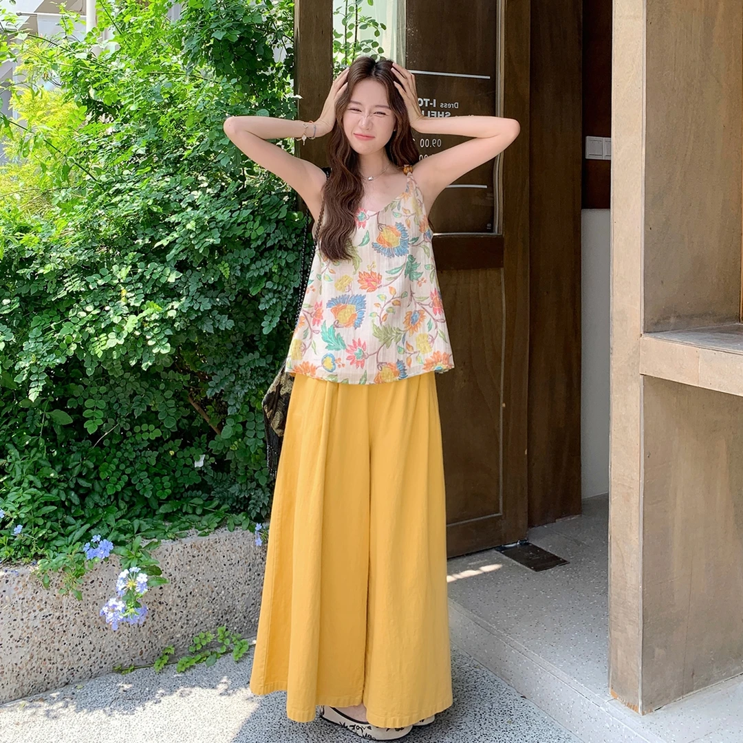 大方得体穿搭一整套今年流行爆款多巴胺印花吊带橙色阔腿裤两件套