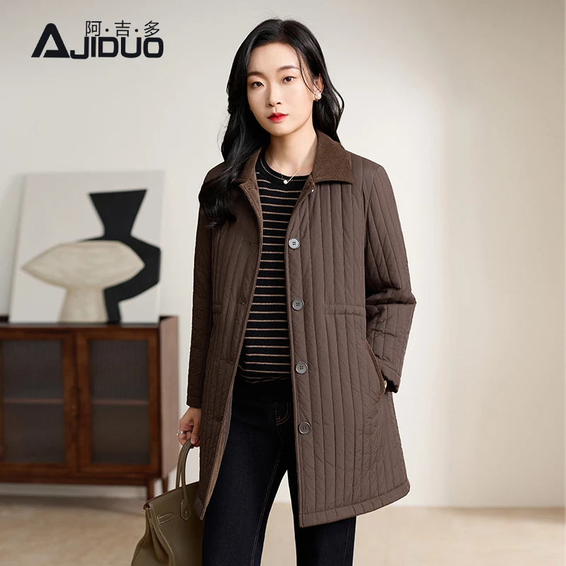 A23129阿吉多长袖棉服女冬季新款坑条加厚保暖中长款棉衣大码外套