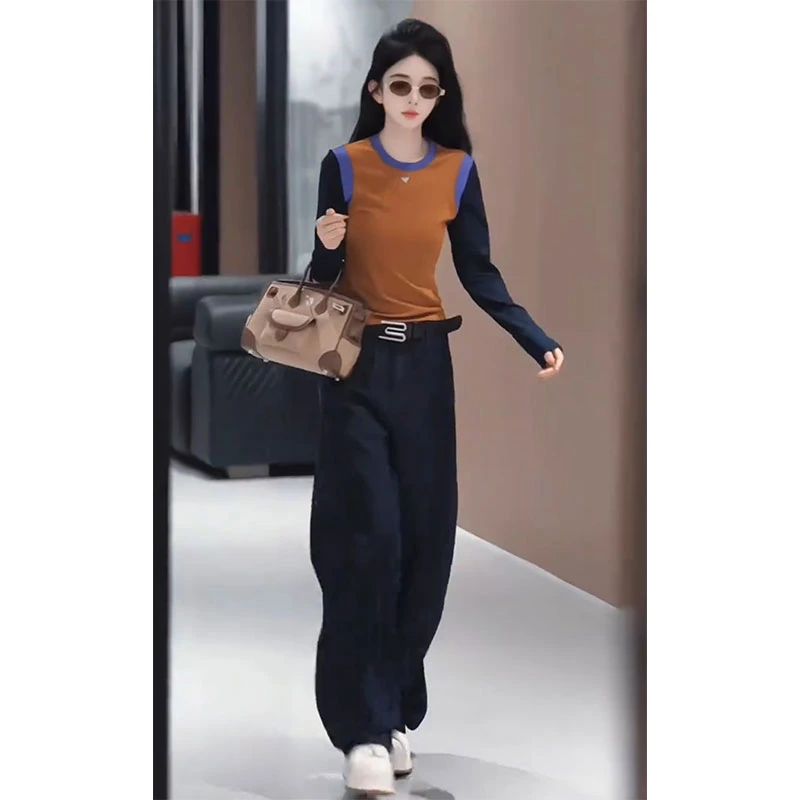 撞色时尚美式长袖T恤秋季潮流高腰宽松休闲裤子洋气显瘦两件套装