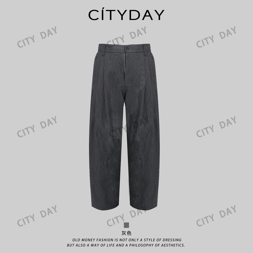 CityDay【楠哥】云石花·褶纹半松紧老钱风无性别休闲裤男 048