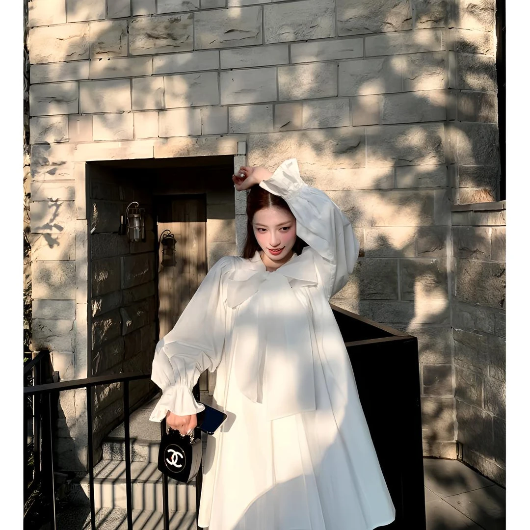 SourceWithU 9.17 梦核少女【ning同款】100棉光感纱蝴蝶结衬衫裙