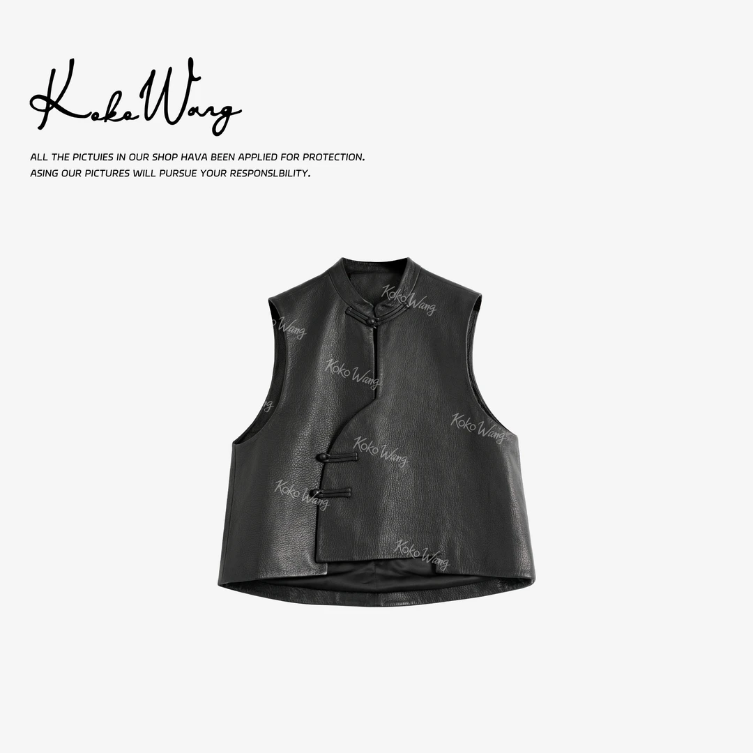 KOKO WANG轻奢高定新国风立领盘扣A级小羊皮马夹590685F17W50