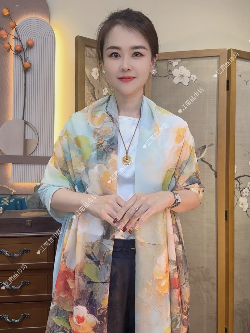 【次第花开】薯莨纱高定国风丝巾围巾70*180长巾