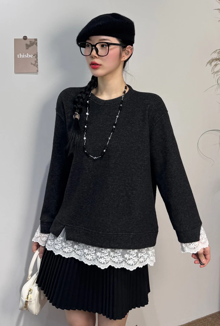 6298#秋冬拼接花边蕾丝加绒卫衣圆领蝙蝠袖极简风上衣打底衫内搭