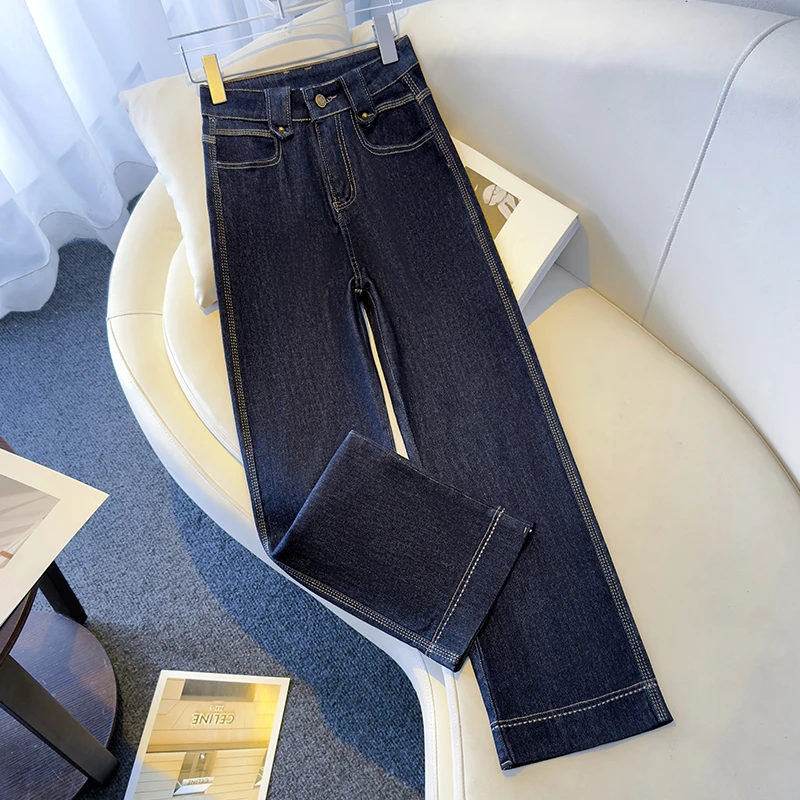 丹宁蓝阔腿牛仔裤女士秋季2025新款高腰显瘦宽松垂感九分直筒裤子