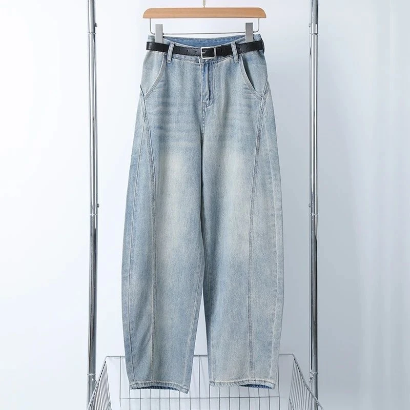浅色复古阔腿弯刀裤牛仔裤女春装2025新款高腰遮跨显瘦时尚镰刀裤