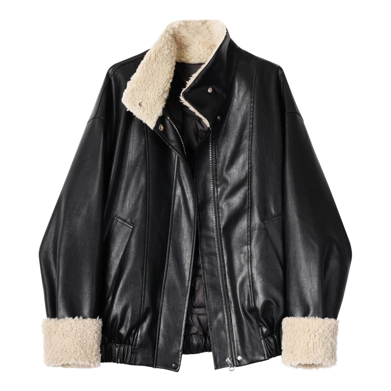 【南油乐儿家】90白鸭绒宽松型翻领羊羔毛复合时尚韩版秋冬羽绒皮衣