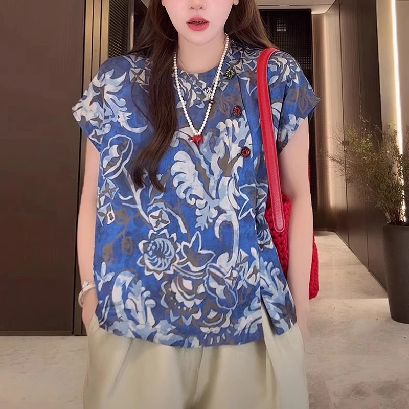 新中式国风t恤女短袖2025夏季新款洋气减龄宽松显瘦复古印花上衣