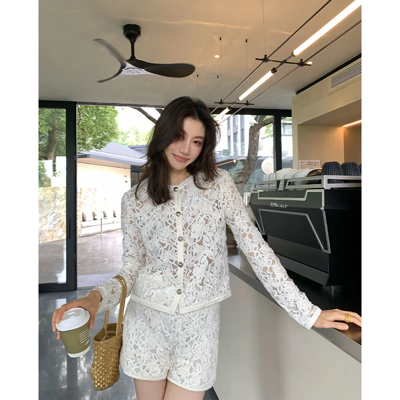 【ALONE SAVOR】龍喜儿 织光 小香风气质蕾丝镂空绣花套装J367
