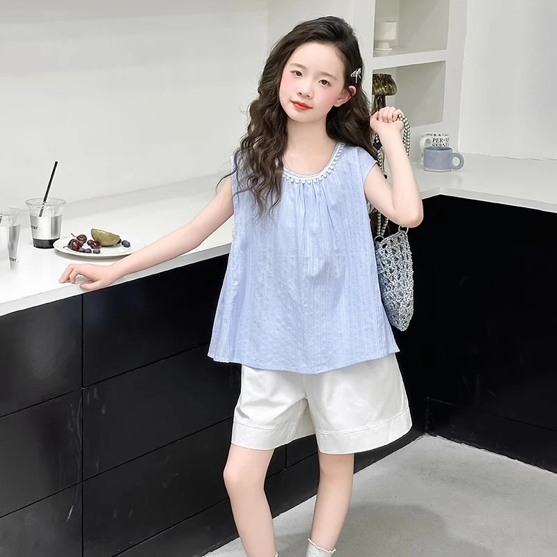 女童夏装2025新款洋气时髦套装女大童韩版宽松无袖上衣短裤两件套