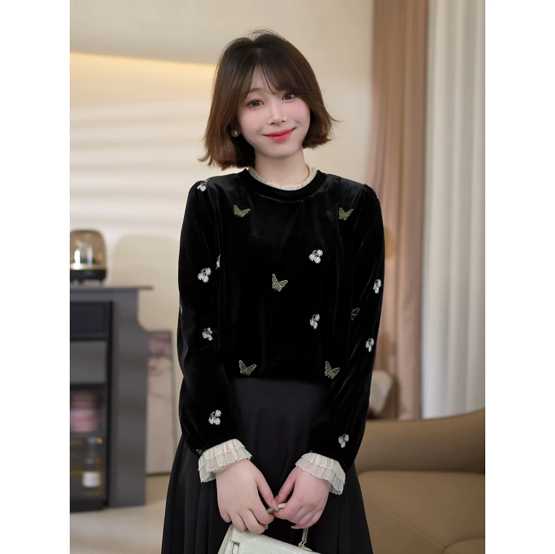 斯洋洋软糯亲肤舒适百搭定制花型刺绣气质丝绒上衣SY412A038SYY